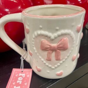 Pink Bow 🎀💕Coquette Heart & Pearls hand painted Ceramic Mug NWT
